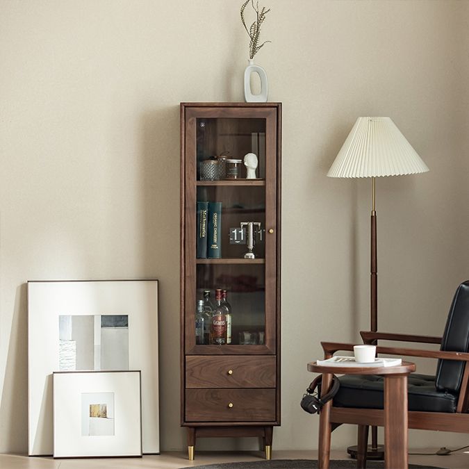 66.9" Tall 2-Drawer Accent Cabinet Solid Wood Glass Paned Side Cabinet in Walnut Brown