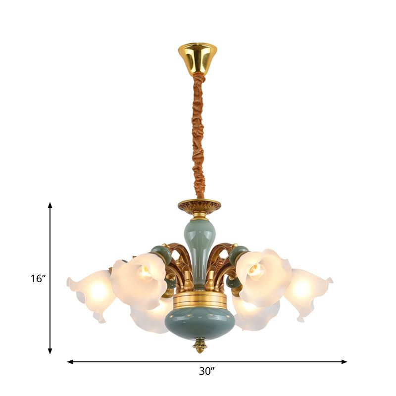 Gold 6/8/10-Bulb Ceiling Suspension Lamp Retro Style Cream Glass Blossom Shaped Chandelier Lighting
