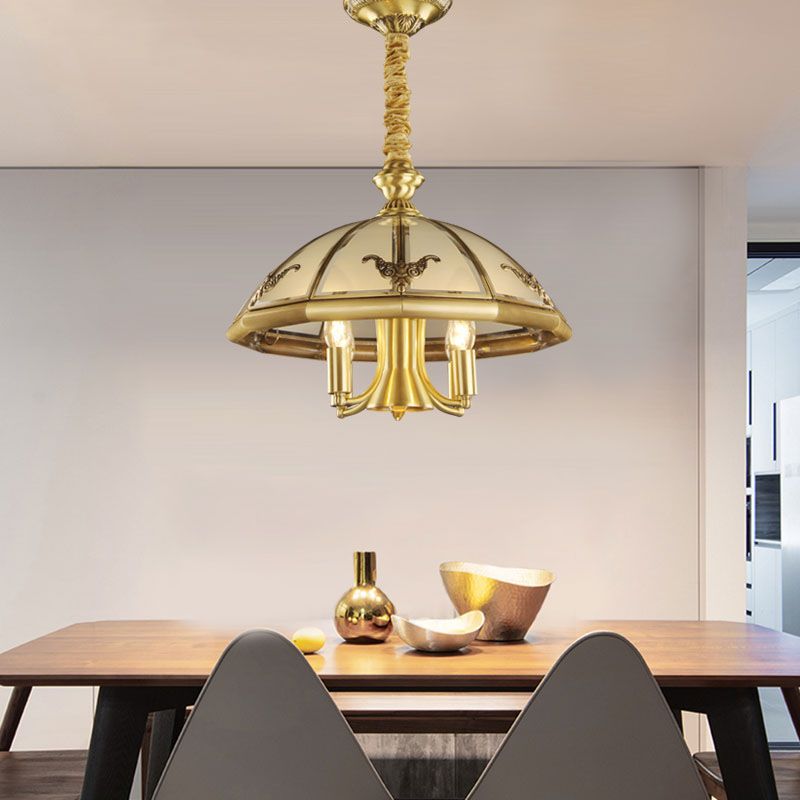 5 Bulbs Sandblasted Glass Chandelier Colonial Brass Dome Bedroom Pendant Lighting Fixture