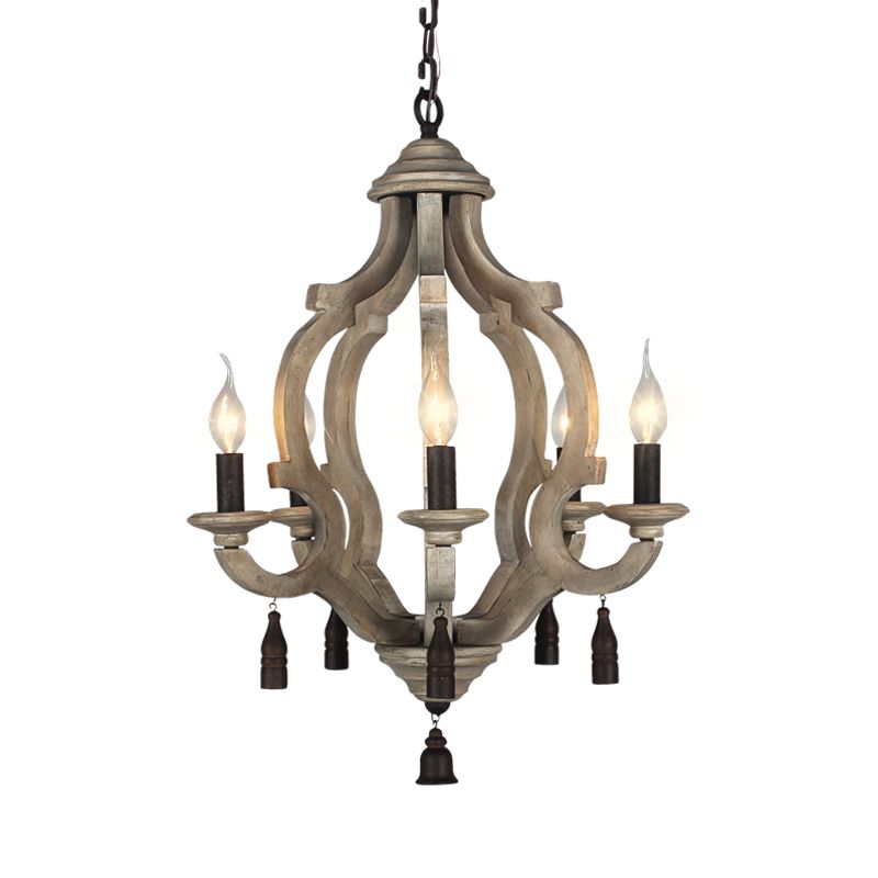 5 Lights Wood Ceiling Light Traditional Dark Wood/Wood/White Lantern Bedroom Chandelier Light