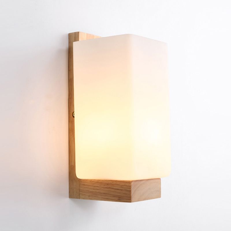 Modern Style Solid Wood Bedside Wall Sconce 1-Lights Rectangle White Frosted Glass Shade Wall Lamp