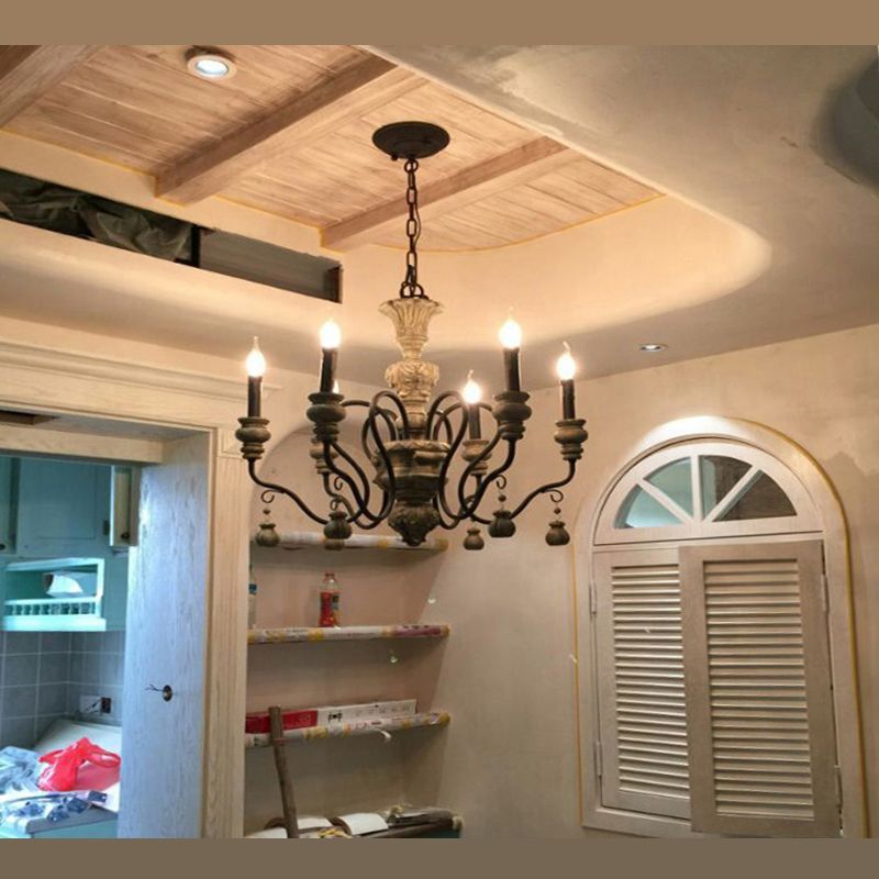 Rustic Style Traditional Candlestick Styling Chandelier Hand-carved Resin Suspension Lighting Fixture for Dining Room