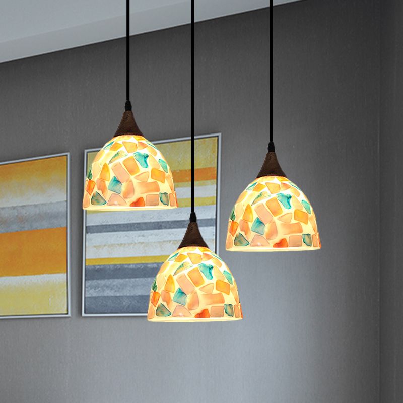 Bell-vormige mozaïek tegelschaal drop lamp tiffany-stijl 3 bollen bronzen multi-light hanger met ronde/lineaire luifel