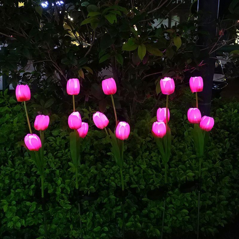 Contemporary Tulip Shaped LED Lawn Lighting Plastic 3 Bulbs Pathway Solar Stake Light in Red