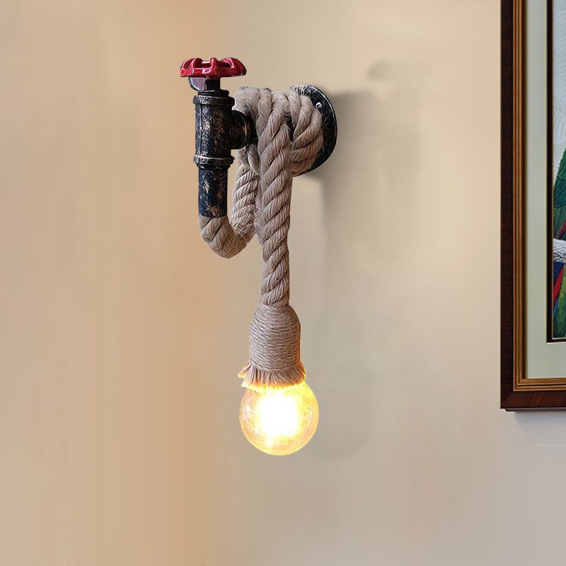 Water Pipe Metal Wall Light Lodge Style 1 Bulb Sconce Lighting Fixture with Hanging Rope in Beige