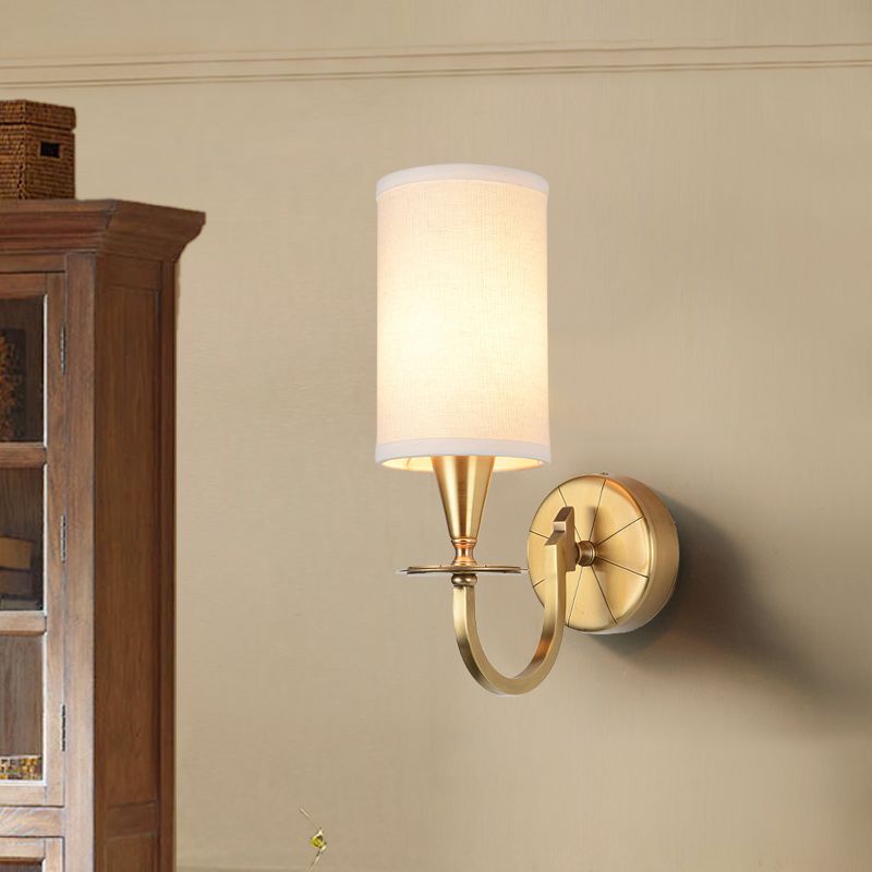 Brass Cylinder Sconce Light Retro Fabric Shade 1/2-Light Bedroom Wall Lamp with Metal Arched Arm