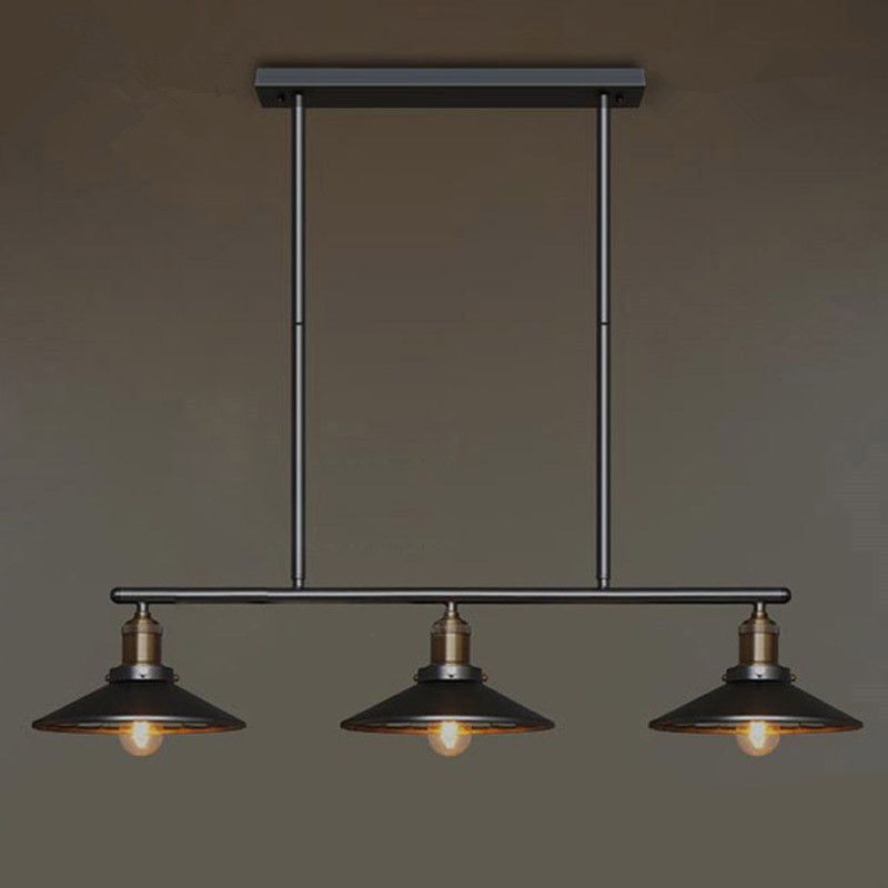 Cone Shade Restaurant Island Lamp Warehouse Style Metal 3 Heads Black Pendant Light