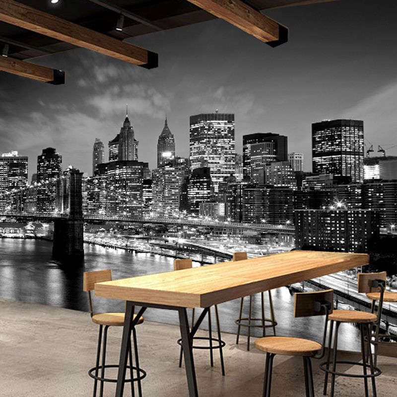 Modern Simple Wall Mural Black Night Scene of Bridge and Skyscraper Giant Wall Covering, Made to Measure