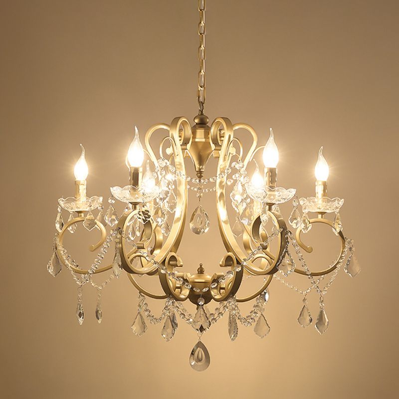 Gold 6 Bulbs Scroll Chandelier Light Fixture Traditional Crystal Swag Ceiling Suspension Lamp