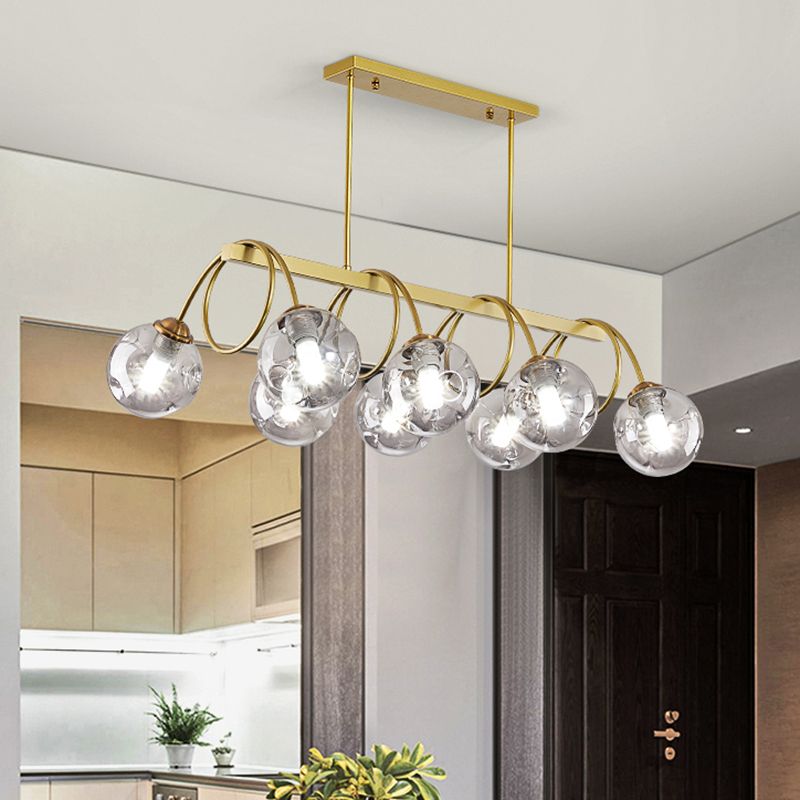 Gold Finish Spiral Island Light Post-Modern Metal Ceiling Hang Lamp with Ball Dimpled Glass Shade