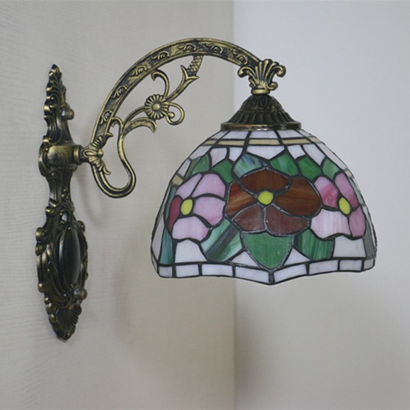 Red/Pink Flower Bowl Sconce Light Tiffany 1 Head Stained Glass Wall Mounted Lighting Fixture