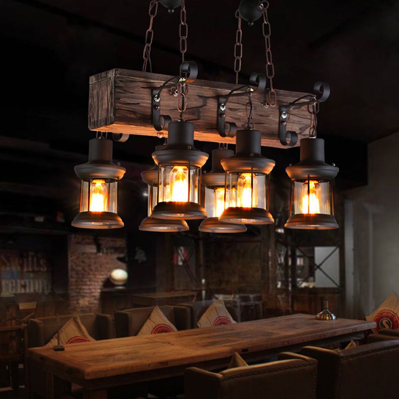 Clear Glass Brown Island Lamp Lantern 6 Lights Farmhouse Ceiling Pendant Light with Wood Block Top