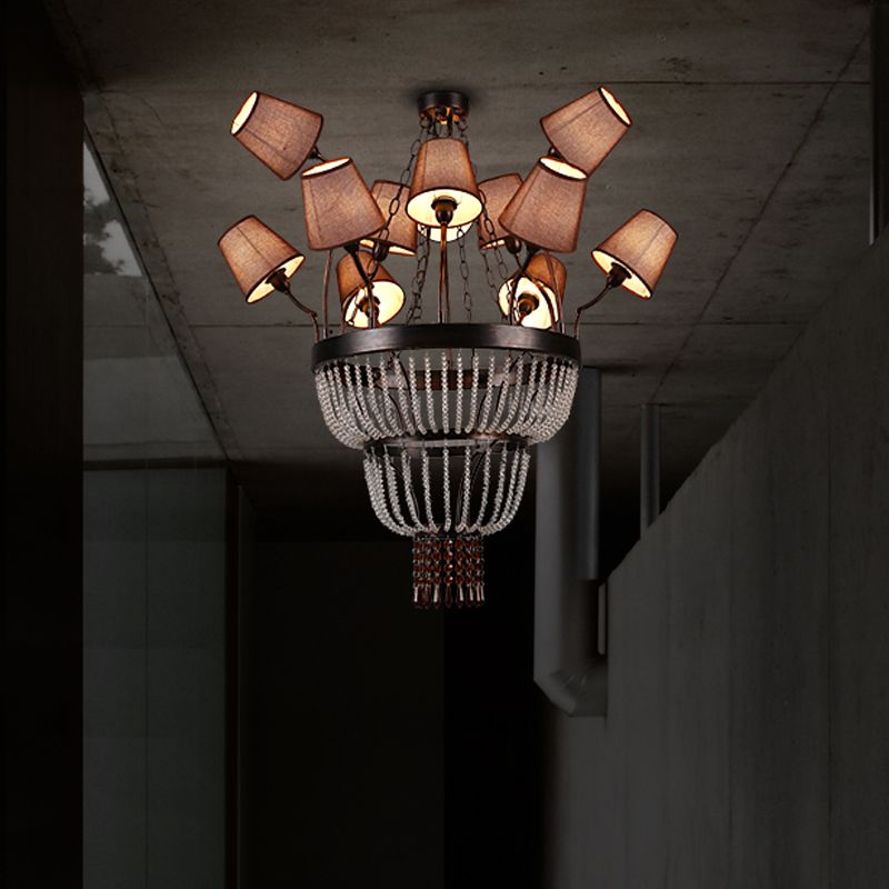 Copper Cascade Pendant Chandelier Vintage Fabric 12 Heads Restaurant Hanging Ceiling Light