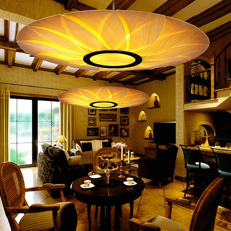 3 Heads Flat Chandelier Lighting Chinese Wood Ceiling Suspension Lamp in Beige