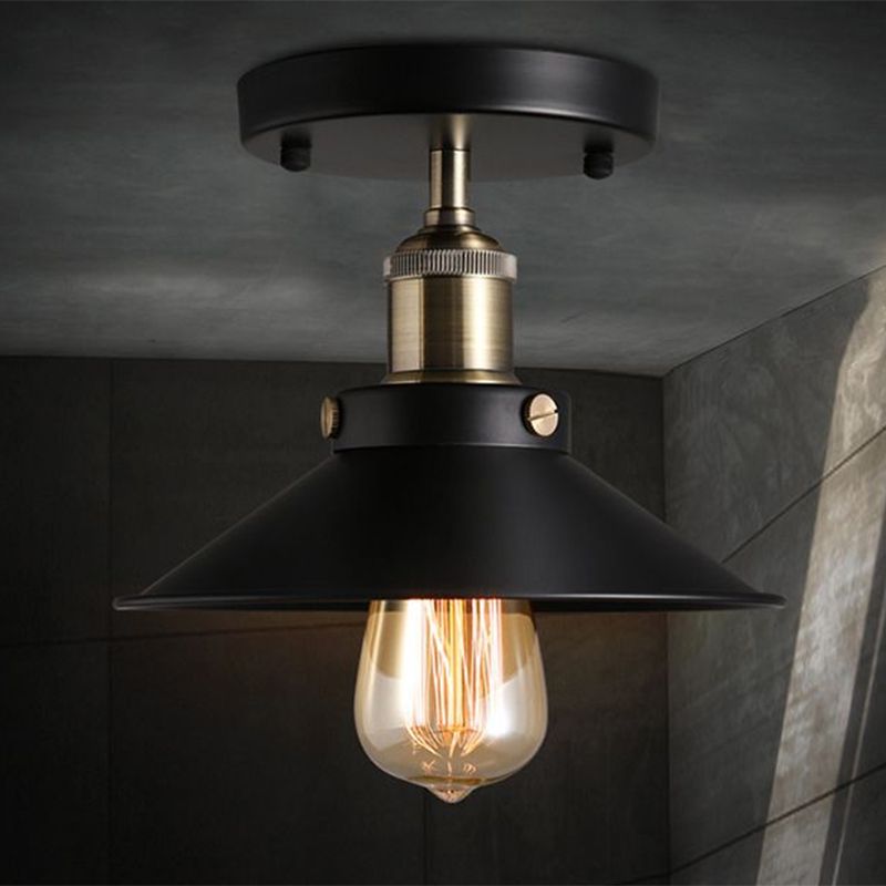 Black Flared Shade Semi Flush Light Industrial 1 Bulb Corridor Ceiling Flush Mount