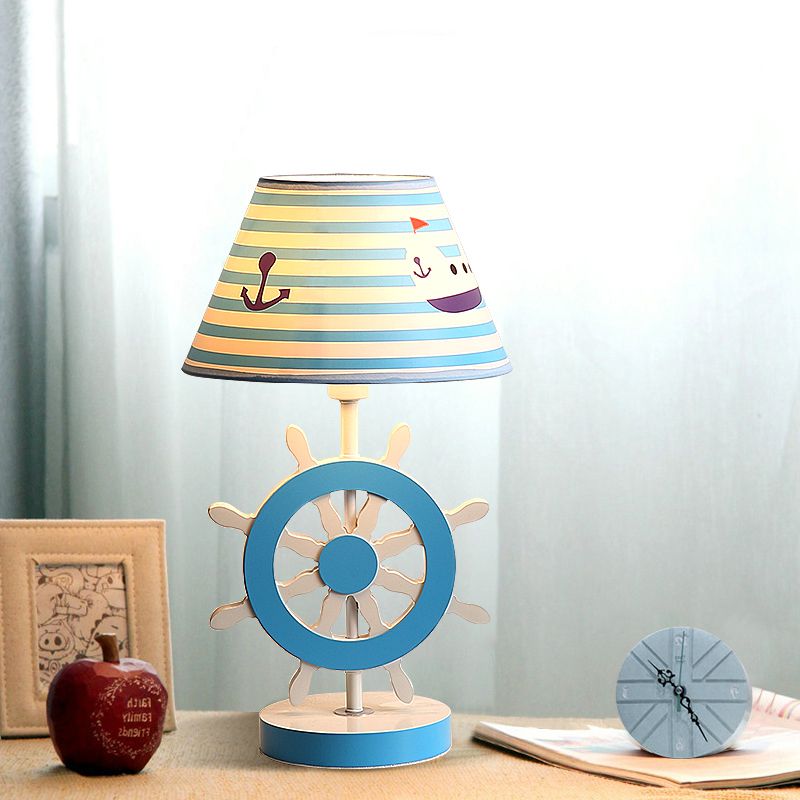 Lampada da studio conica in tessuto per bambini, lampada da lettura blu a 1 lampadina con base a timone per camera da letto