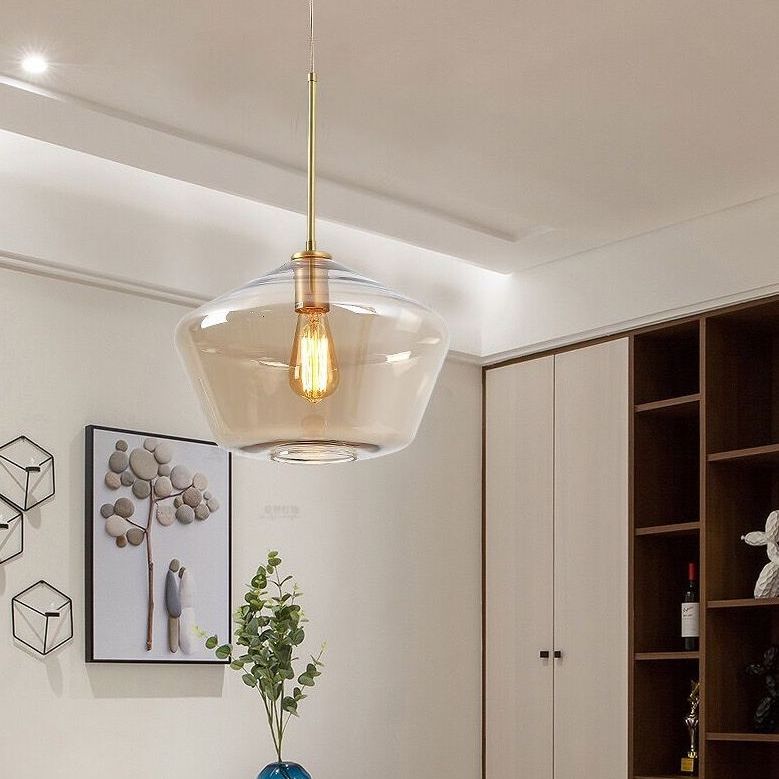 Modern minimalistisch handgeblazen glazen hanglampje Amber 1 lichte eetkamer hangend plafondlicht