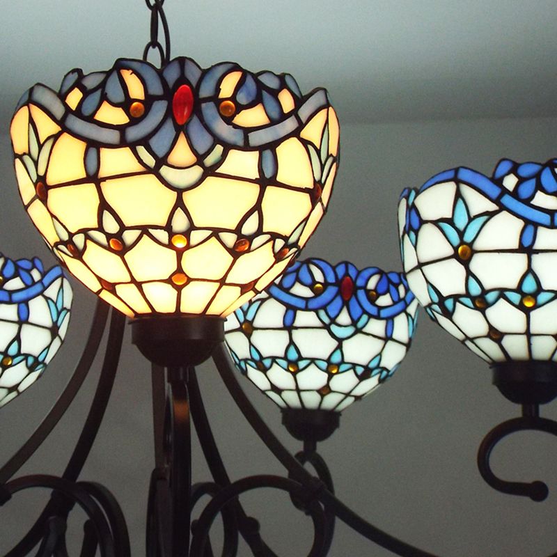 Victorian Bowl Pendant Light 5 Lights Stained Glass Indoor Chandelier in Blue for Foyer