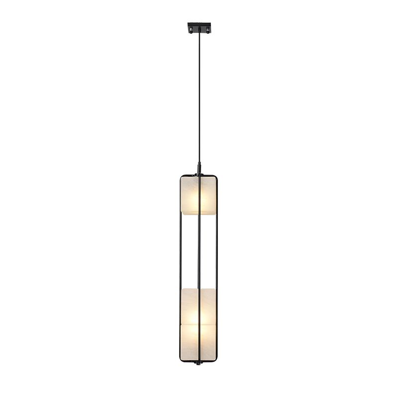 Frosted White Glass Box Pendant Lamp Modern 2-Light Black Island Lighting with Cage
