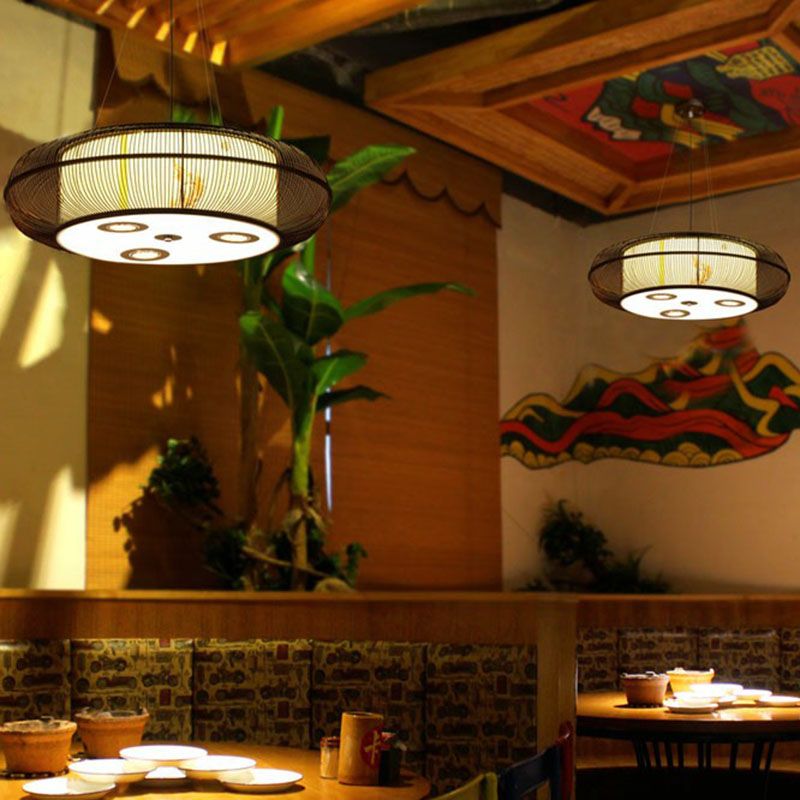 Simplicity Rounded Drum Chandelier Lighting Bamboo Restaurant Pendant Light Fixture