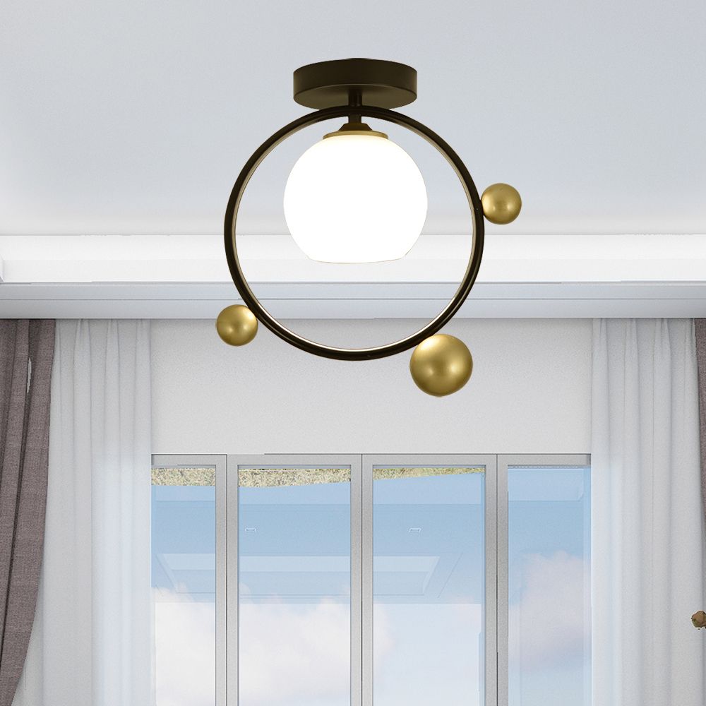 Sphère en verre blanc semi-encastré moderniste 1 lumière noir semi-encastré avec anneau en fer, 10"/12" de large