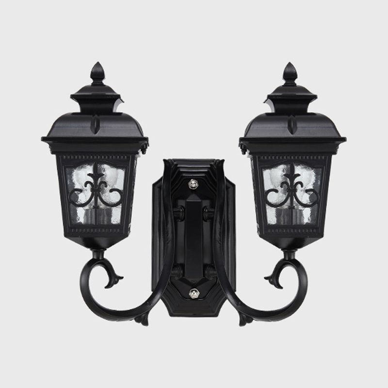 2 Bulbs Lantern Wall Mount Lighting Vintage Black Finish Clear Glass Wall Light Fixture with Curved Arm
