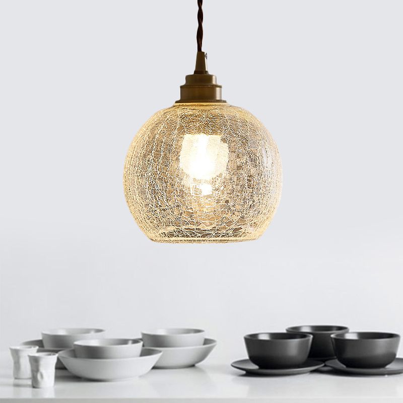 Minimalist Spherical Hanging Light Kit Translucent Crackle Glass 1-Light Dining Room Pendant Lighting Fixture