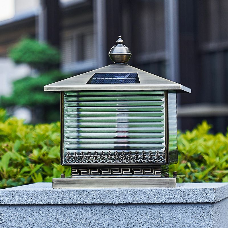 Rectangle Shape Metal Pillar Lamp Modern Style 1 Light Solar Outdoor Light in Brass
