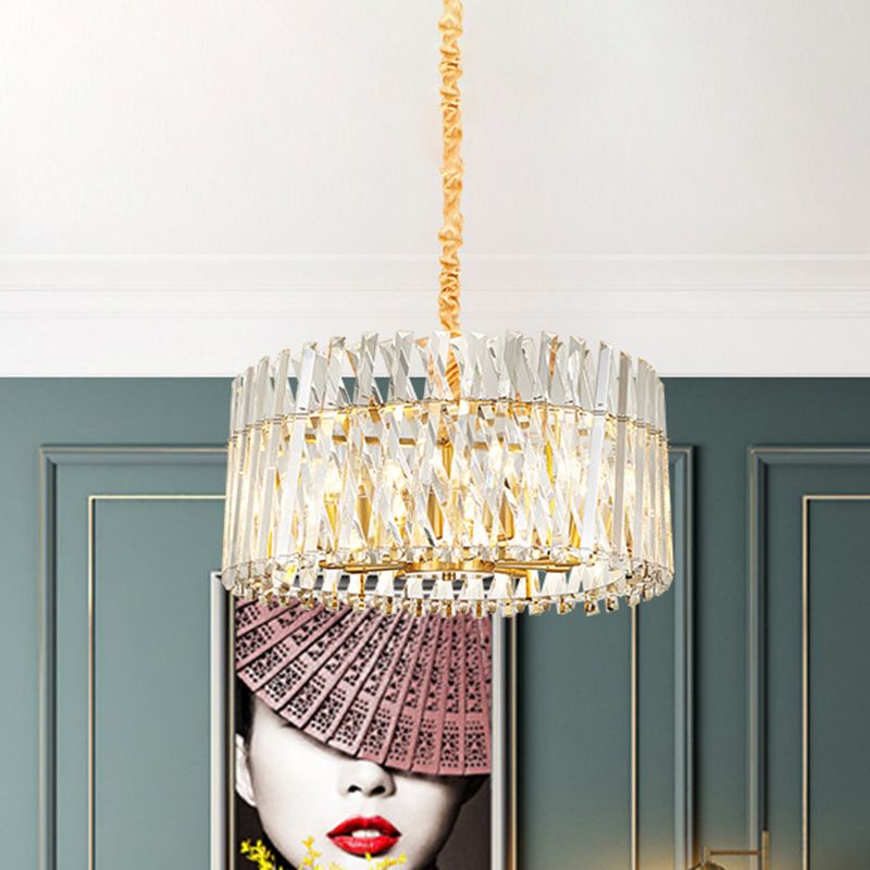 Round Tri-Sided Crystal Rod Hanging Light Fixture Postmodern 8/10 Lights Gold Chandelier Lamp