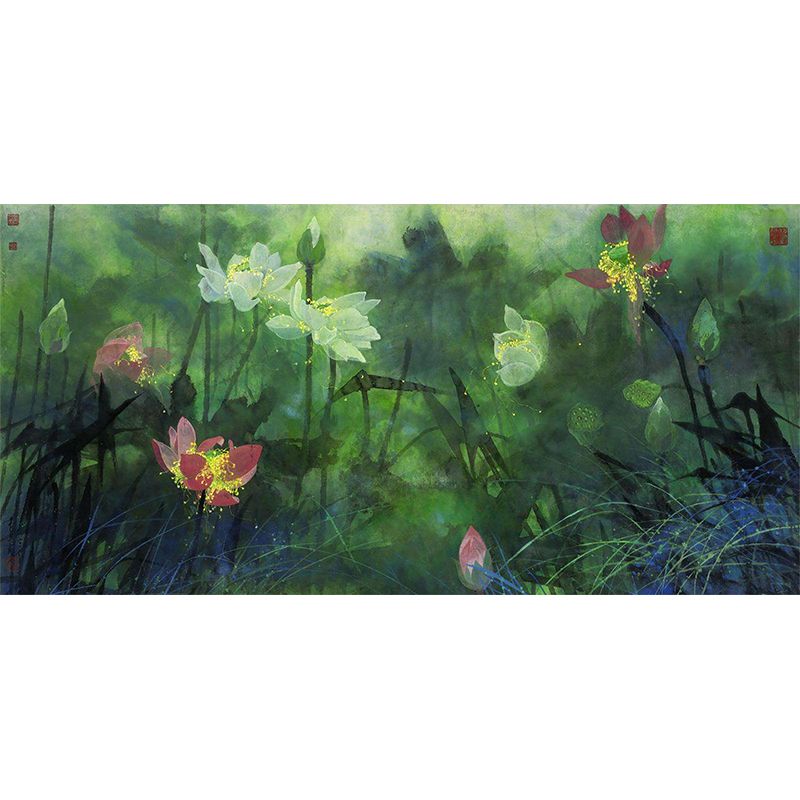 Modernist Flower Lotus Murals Decal Green Water Resistant Wall Art for Living Room
