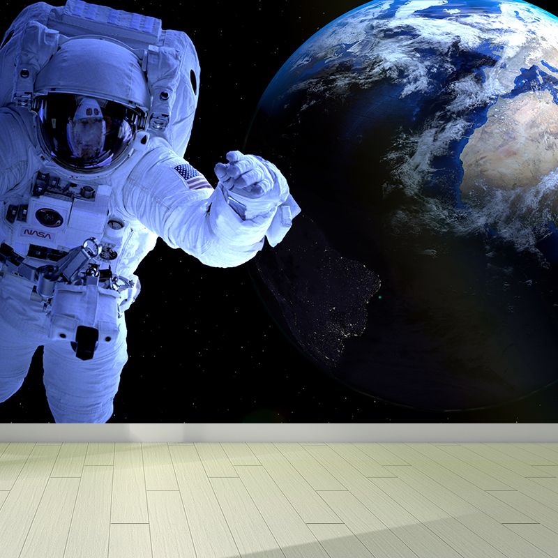 Blue Fictional Wall Mural Huge Astronaut and Earth Wall Covering for Living Room