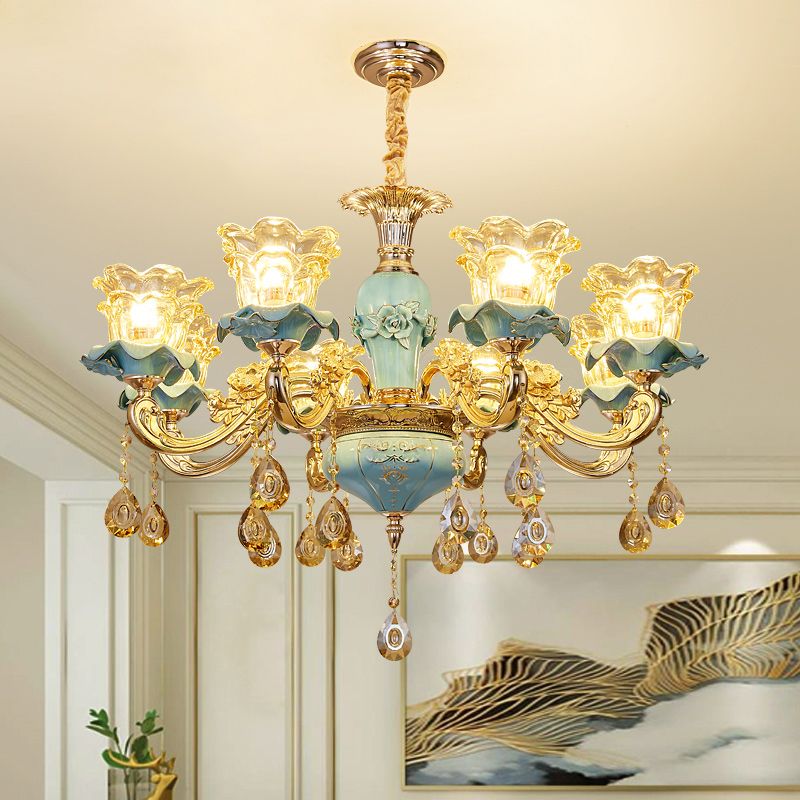 Handblown Glass Blue Chandelier Light Ruffle Flower Retro Pendant Light with Crystal Draping