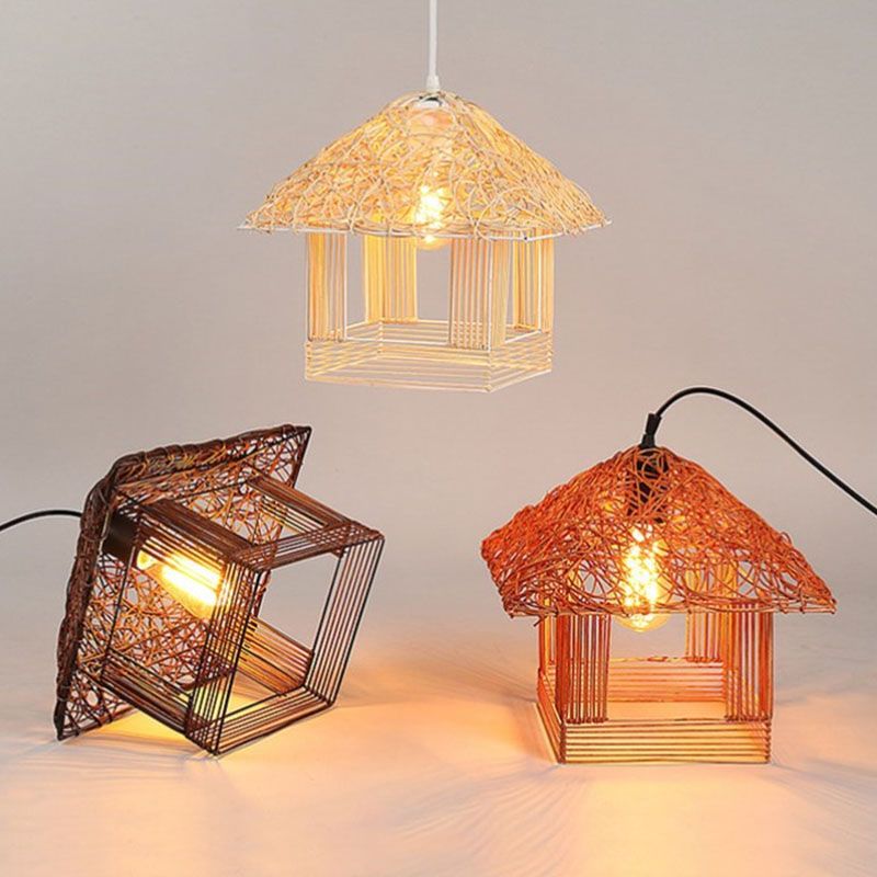 Rattan Woven House Shaped Pendant Country Style Single-Bulb Hanging Ceiling Light
