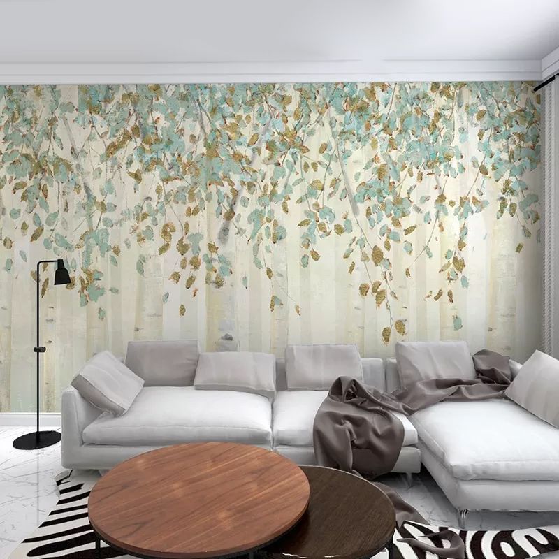 Stain-Resistant Forest Mural Wallpaper Full Size Minimalist Wall Art in Blue and Brown for Living Room