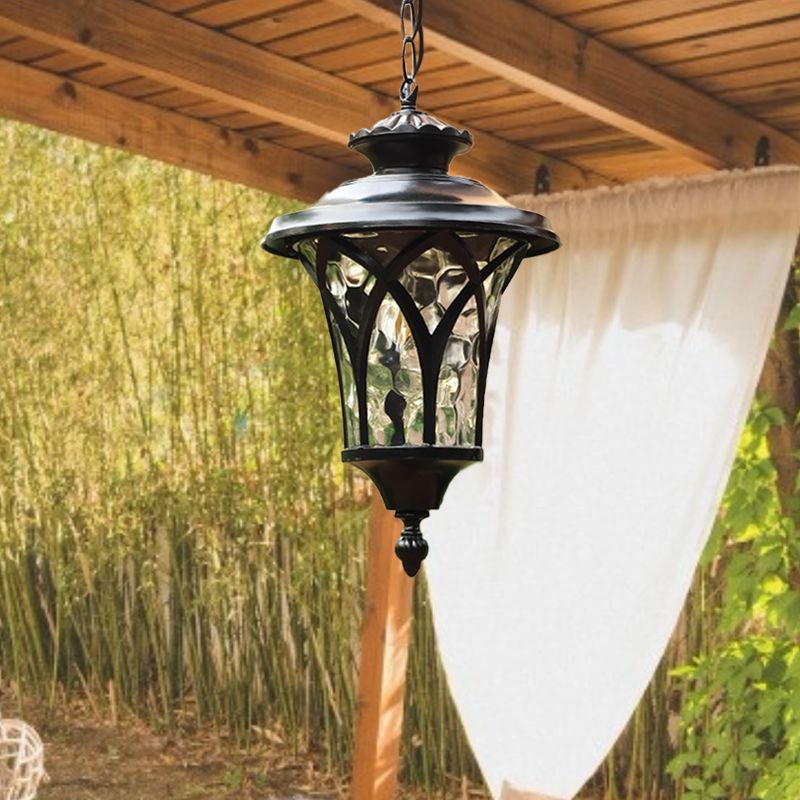 Retro Lantern Hanging Ceiling Light 1 Bulb Clear Dimple Glass Pendant Lighting Fixture in Black