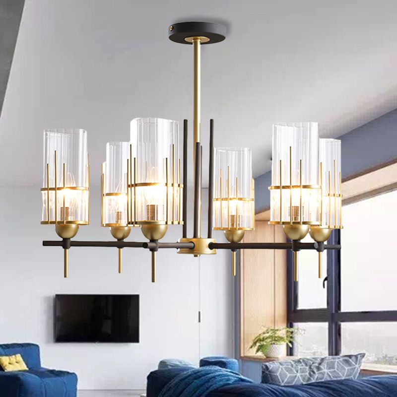 6-Head Black and Gold Chandelier Pendant Contemporary Triangular Prism Clear Glass Suspension Lamp