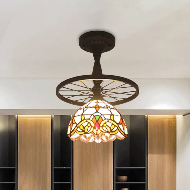 Tiffany Domed Semi Flush Mount Light with Wheel 1 Bulb Stained Glass Ceiling Light in Orange/Beige for Bedroom