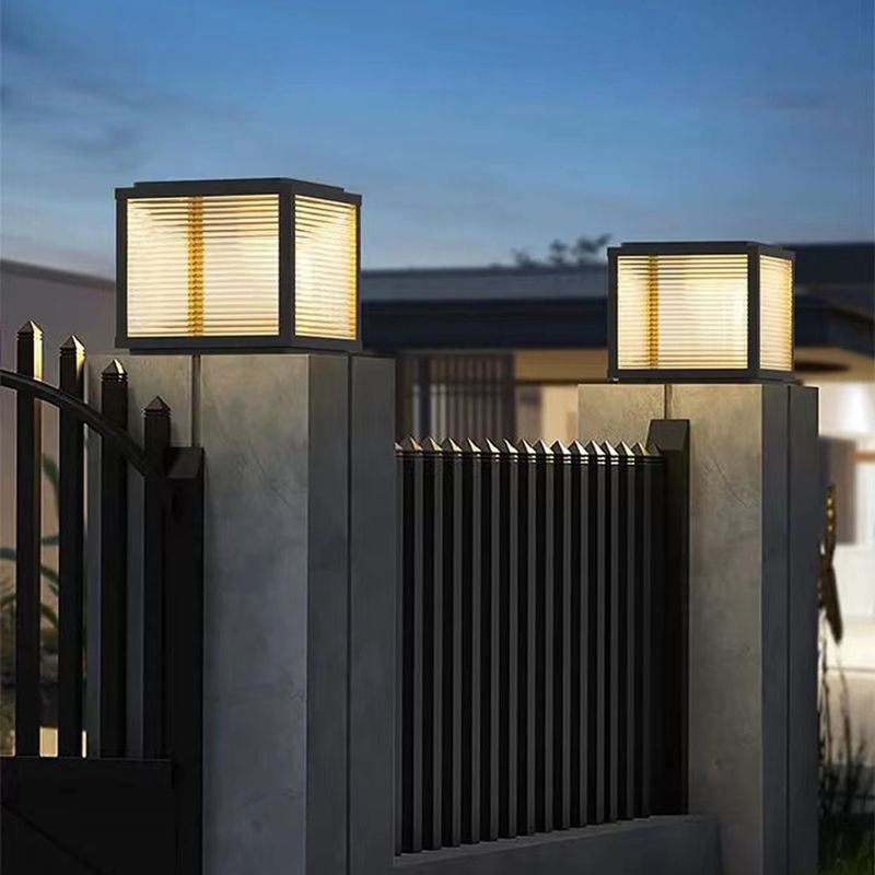 Rectangular Shape Metal Solar Pillar Lamp Modern Style 1 Light Outdoor Lights in Black