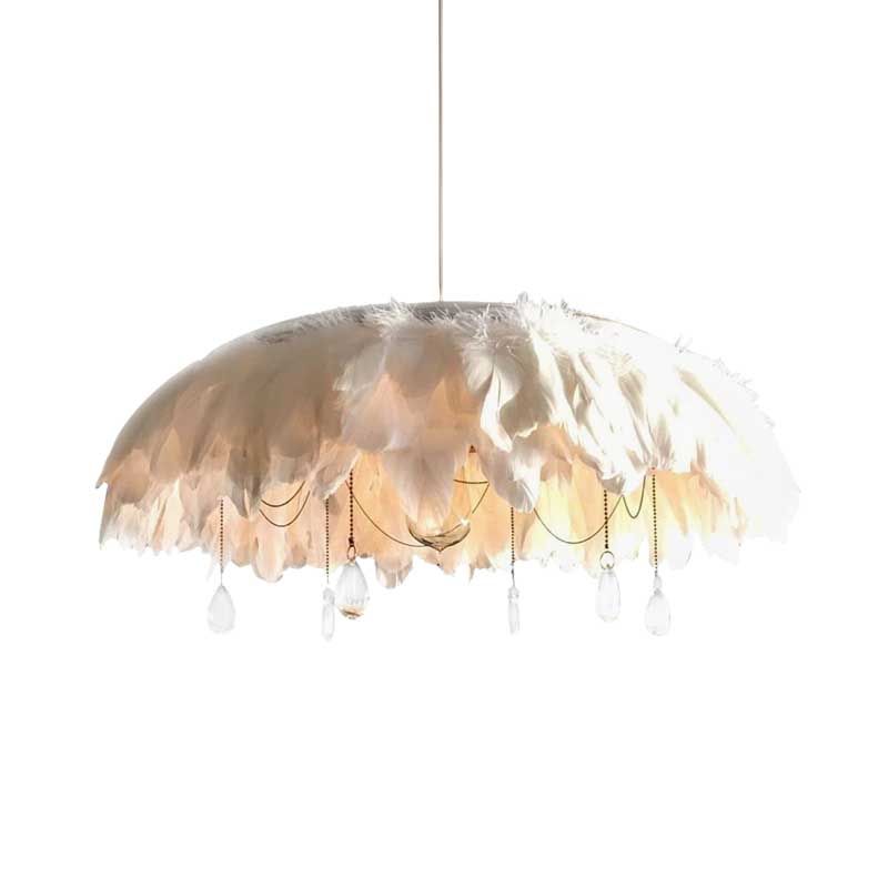 Tessuto di lampada sospesa con piuma contemporanea Ciondolo in bianco con caduta di cristallo