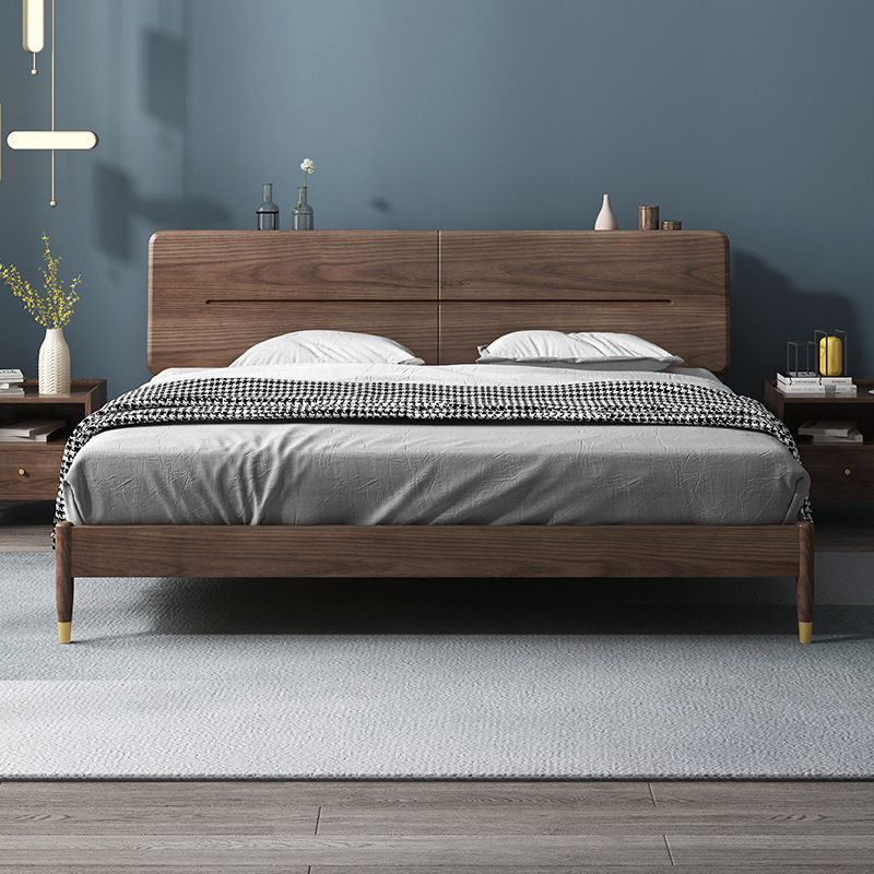 Mid-Century Modern Solid Wood Bed with Rectangular Headboard Bed Frame