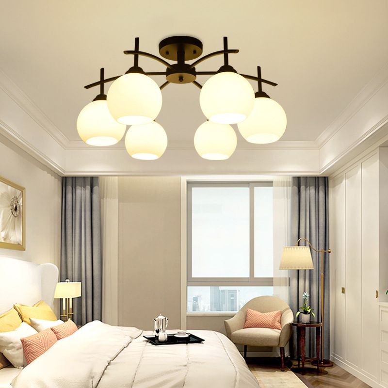 Plafonnier satellite artificiel classique traditionnel en fer forgé semi - encastré avec abat - jour en verre blanc