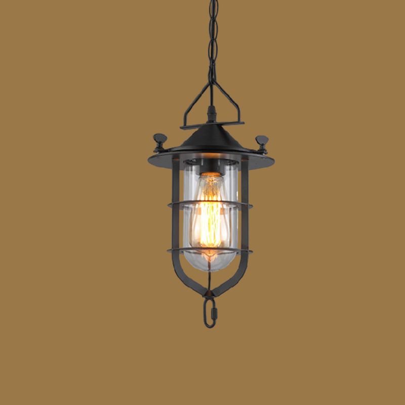 Single-Bulb Clear Glass Anhänger Leichtes Vintage Schwarzkapsel Esszimmer-Pendel Licht mit Käfig