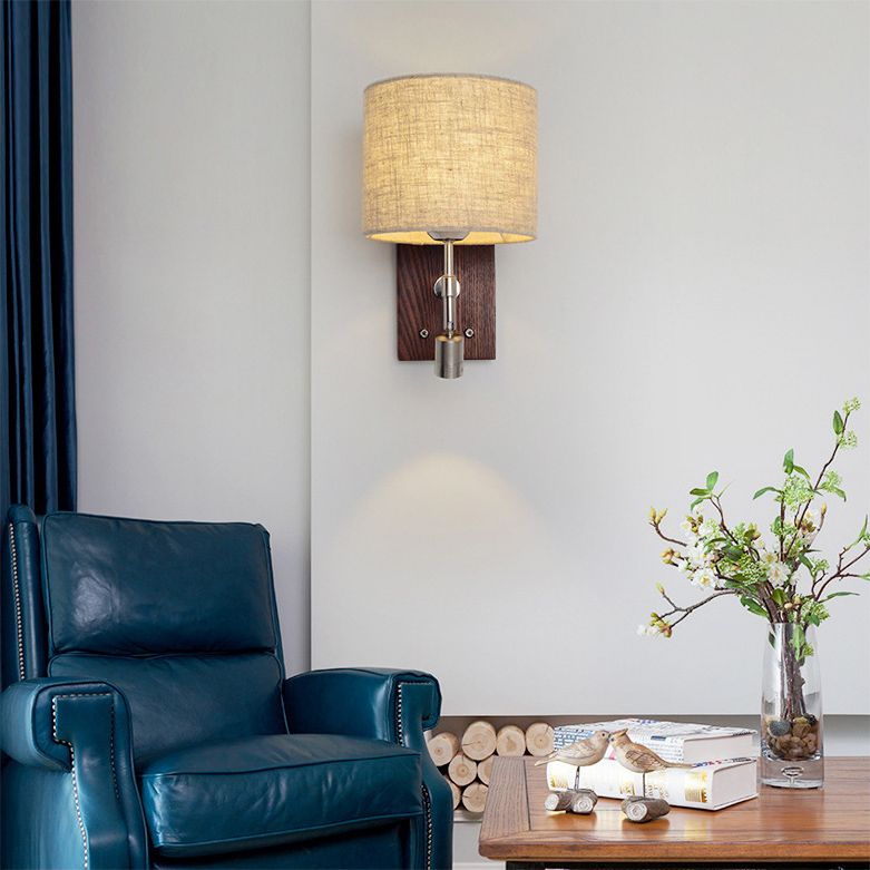 Cylinder Fabric Shade Bedside Reading Wall Light 2-Lights Wooden Simplicity Wall Sconce