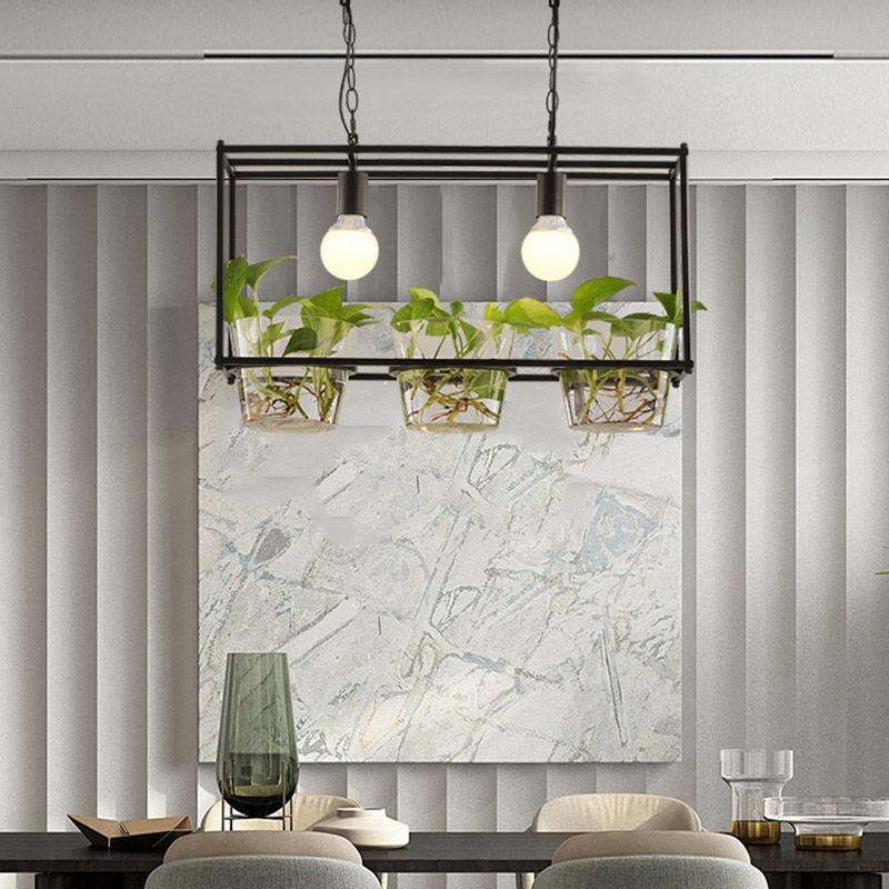 Metal Rectangle Island Ceiling Light Retro 2 Bulbs Dining Room LED Suspension Lamp in Black/Gold