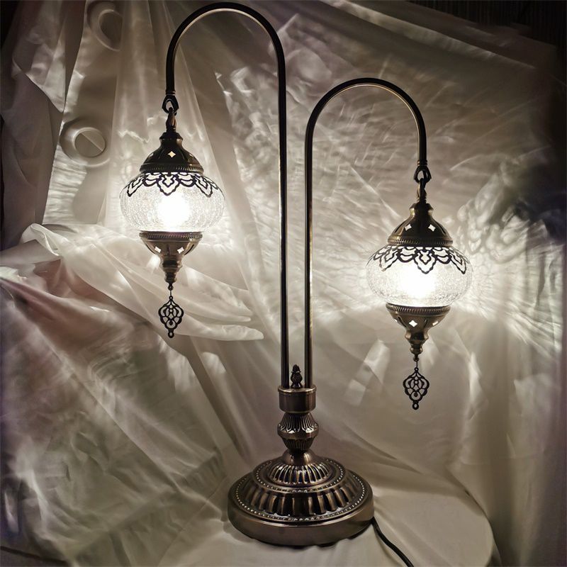 Lámpara de escritorio pequeña ovalada, cristal craquelado Vintage, 1/2/3 luces, lámpara de mesa de noche de bronce