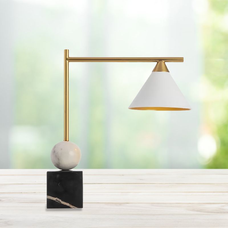 Conical Desk Lighting Minimalist Metal Single Head White Nightstand Lamp with Square Black Marble Base for Living Room