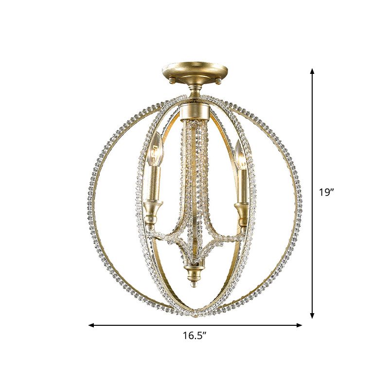 Crystal Gold Finish Semi Flush Lighting Globe 3 Heads Traditional Close to Ceiling Lamp for Living Room