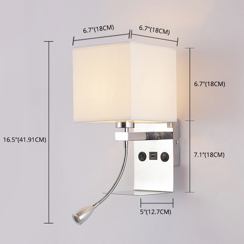Square Fabric Shade Simplicity Wall Sconce Adjustable LED Spotlight Design Bedside Reading Lamp in Sliver