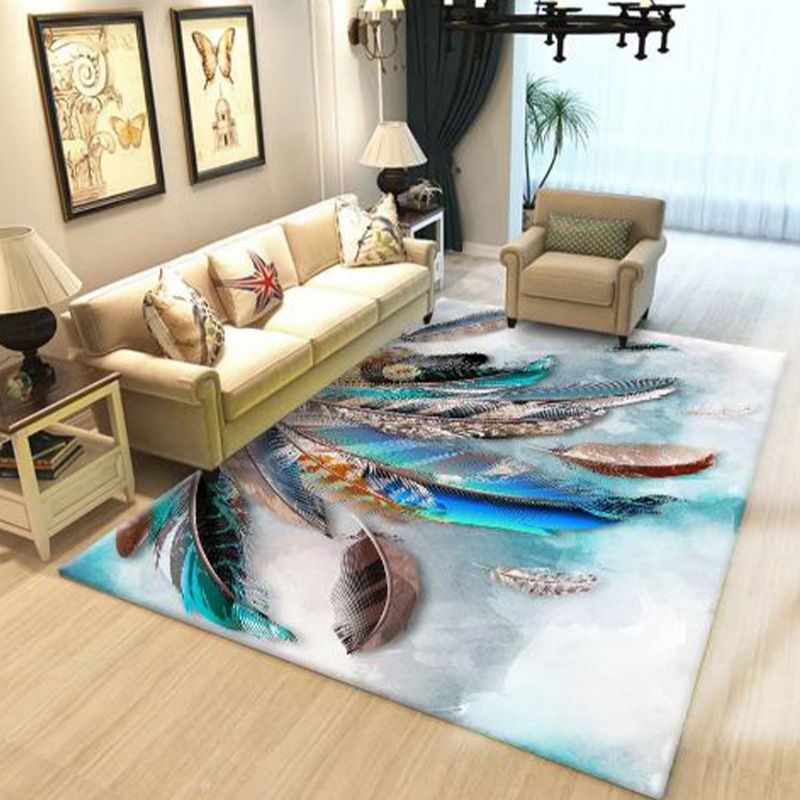 Flower and Feather Pattern Rug Trendy Polyester Carpet Non-Slip Backing Carpet for Home Decor