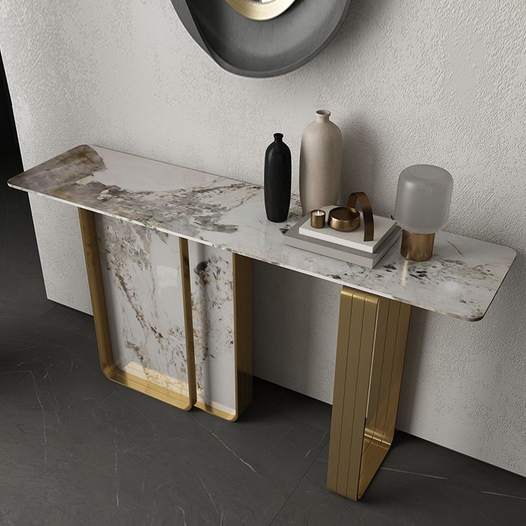 Modern Rectangular Console Table Stone Console Sofa Table in Gold and White